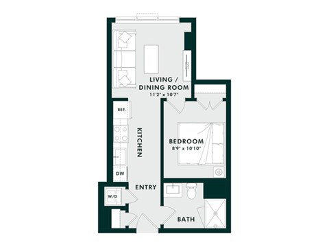 A floor plan of a small apartment with a living and dining room, kitchen, bathroom, and bedroom.